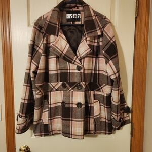 Vtg DEB Women's Plaid Wool Blend Pea Coat Brown Pink Beige Double-Breasted 2X